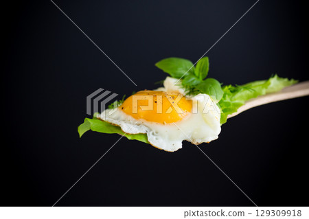Homemade breakfast with fried egg and fresh lettuce leaves Homemade breakfast with fried egg and fresh lettuce leaves 129309918