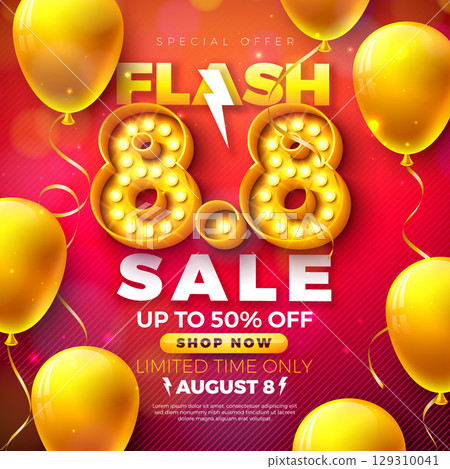 Flash Sale Shopping Day Design with 3d 8.8 Light Bulb Billboard Number and Party Balloon on Red Background. Vector 8 August Special Offer Illustration for Coupon, Voucher, Banner, Flyer, Promotional 129310041