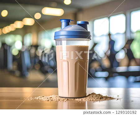 Protein shake bottle with blue lid on wooden table with powder around, gym background with blurred people exercising Protein shake bottle with blue lid on wooden table with powder around, gym background with blurred people exercising 129310192