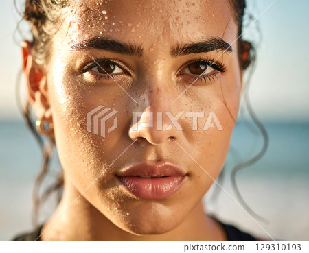 Close up of young woman with wet skin and water droplets on her face, showing natural beauty and intense gaze Close up of young woman with wet skin and water droplets on her face, showing natural beauty and intense gaze 129310193
