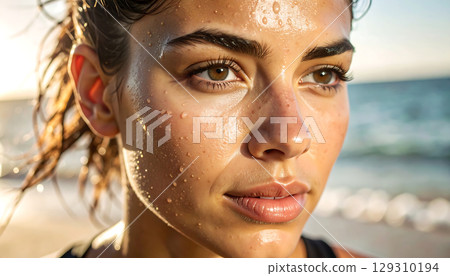 Close up of young woman with water droplets on her face, glowing skin, and intense eyes by beach in warm sunlight Close up of young woman with water droplets on her face, glowing skin, and intense eyes by beach in warm sunlight 129310194