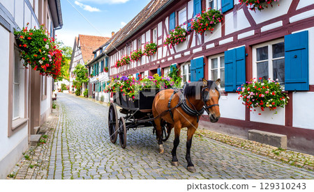 Horse carriage with colorful flowers on cobblestone street in charming village with timber framed houses and blue shutters 129310243