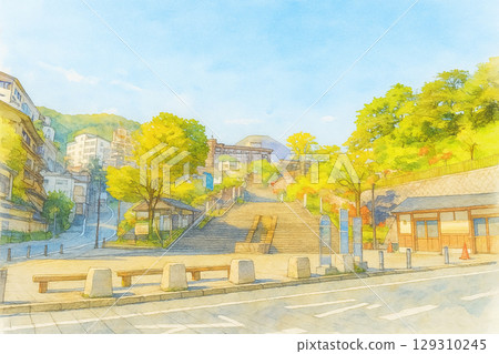 Ikaho Onsen stone steps watercolor style 129310245