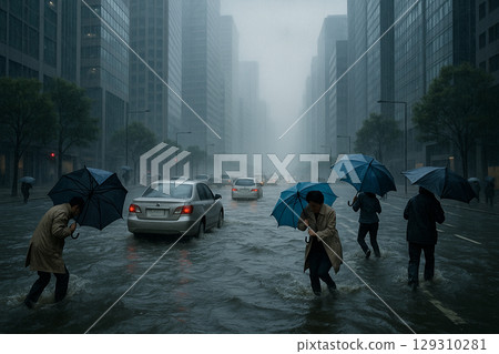 disaster, heavy rain, flooding, city 129310281