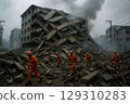 Houses destroyed by the earthquake, rescue team 129310283