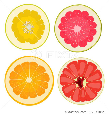 Vector illustration green and yellow pomelo in cartoon flat style. Pomelo orange tropical fruit isolated on white background, fresh food for diet, agricultural product, gardening farm 129310340