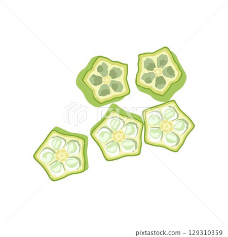 Vecktor illustration of Okra, Okura Okazu, ladyfinger, bamia or Bhindi. Fresh green vegetable, asian cooking ingredient. Whole and sclice. Healthy vegetarian food. Flat vector in cartoon style. 129310359