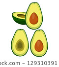 Vector illustration of fresh whole, half, cut slice avocado on white background. Summer fruits for healthy lifestyle. Organic fruit. Cartoon style. Vector illustration for digital resources 129310391