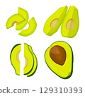Vector illustration of fresh whole, half, cut slice avocado on white background. Summer fruits for healthy lifestyle. Organic fruit. Cartoon style. Vector illustration for digital resources 129310393
