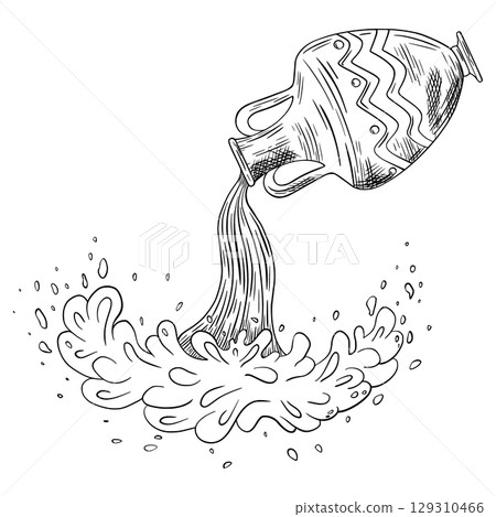 Aquarius symbol. Black icon. Zodiac sign. vector hand drawn illustration, Astrology horoscope character, stars, constellation and celestial elements in line art style 129310466