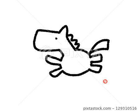 手繪可愛單色線條畫奔跑的馬 2026 年新年材料，馬年郵票 129310516