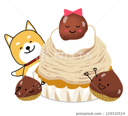 Chestnuts and Shiba Inu are happy to see the chestnuts that have turned into Mont Blanc. 129310524