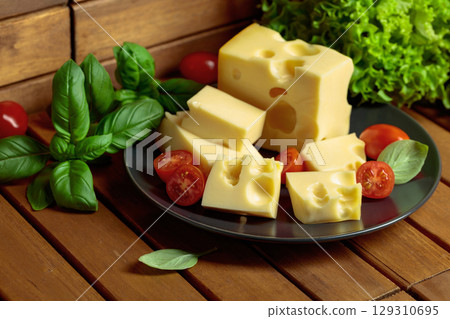 Swiss cheese, green basil, salad, and tomatoes on a wooden table. Swiss cheese, green basil, salad, and tomatoes on a wooden table. 129310695