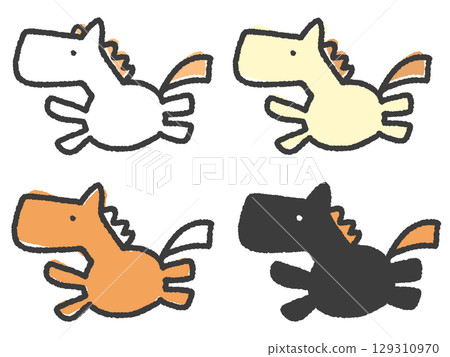 手繪四匹可愛的奔跑馬 2026 白色、棕色、黑色和奶油色 手繪四匹可愛的奔跑馬 2026 白色、棕色、黑色和奶油色 129310970