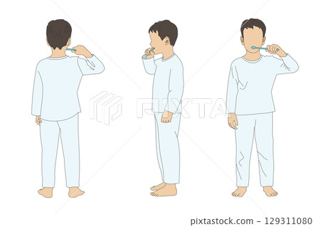 Illustration of a boy brushing his teeth (front, side, back) / pajamas, faceless person 129311080