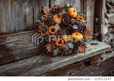 A wreath placed on an old bench 129311247