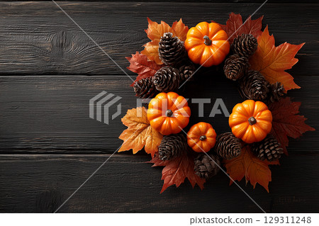 Halloween wreath hanging on a rustic wooden wall 129311248