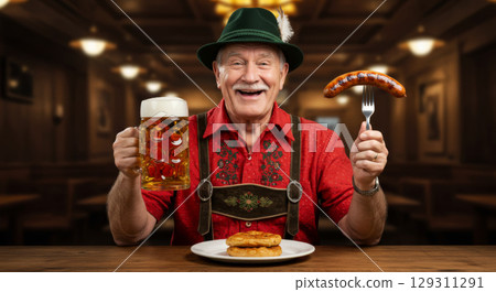 Happy senior man in traditional Bavarian outfit enjoying beer and sausage at Oktoberfest celebration in beer hall. 129311291