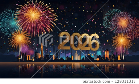 happy new year, new year's eve, silvester, new year, celebration greeting card Year 2026 in sparkler font and firework fireworks pyrotechnic, isolated on black night sky background happy new year, new year's eve, silvester, new year, celebration greeting card Year 2026 in sparkler font and firework fireworks pyrotechnic, isolated on black night sky background 129311315