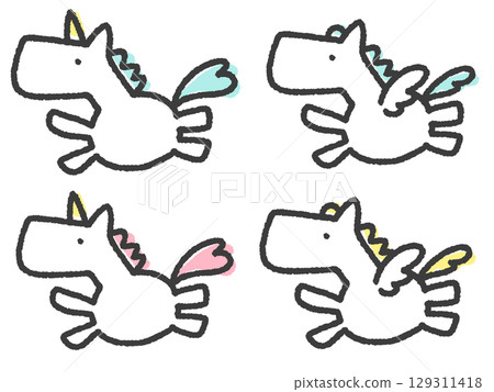 一組四隻可愛的手繪奔跑的飛馬和獨角獸 2026 年新年材料 一組四隻可愛的手繪奔跑的飛馬和獨角獸 2026 年新年材料 129311418