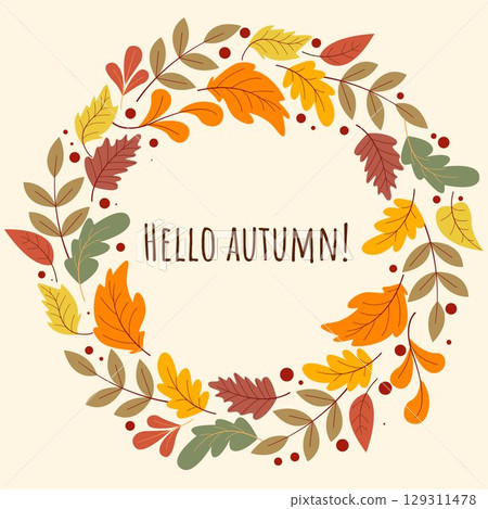 Hello autumn cozy seasonal card with foliate wreath 129311478