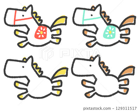 Set of four cute, colorful, hand-drawn running horses. 2026 New Year's materials, horse equipment, toys, for children. Set of four cute, colorful, hand-drawn running horses. 2026 New Year's materials, horse equipment, toys, for children. 129311517