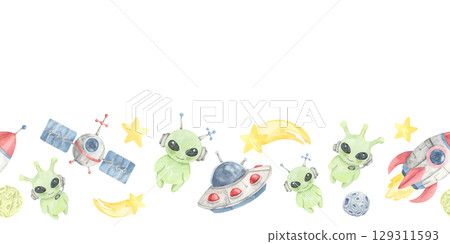 Green aliens, yellow stars, red blue UFOs, and gray space elements arranged in a seamless border watercolor illustration. Use for science fair printables, STEM posters, or themed planner pages 129311593