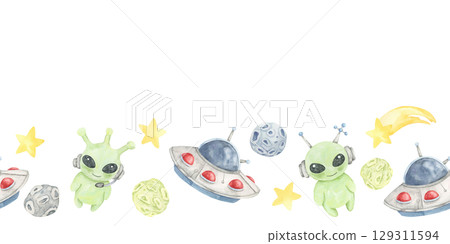 Green aliens, gray planets, red blue UFOs, and stars feature in this seamless border watercolor illustration. Designed for party stationery, book covers, or sci-fi-themed web design 129311594