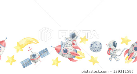 Watercolor illustration seamless border with red rocket, yellow star, gray astronauts, and satellite elements. Suitable for wrapping paper, space-themed classroom borders, or scrapbooking Watercolor illustration seamless border with red rocket, yellow star, gray astronauts, and satellite elements. Suitable for wrapping paper, space-themed classroom borders, or scrapbooking 129311595