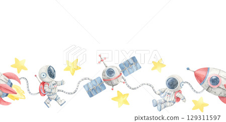 Gray satellites, red rockets, yellow stars, and robots arranged in a seamless border watercolor clipart. Perfect for space-themed party designs, planner dividers, and classroom decor 129311597