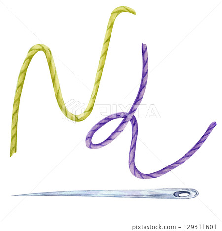 Watercolor illustration of green and purple thread with needle. Suitable for Halloween costume mockups, sewing clipart packs, magical planner stickers, and spellbook layouts 129311601