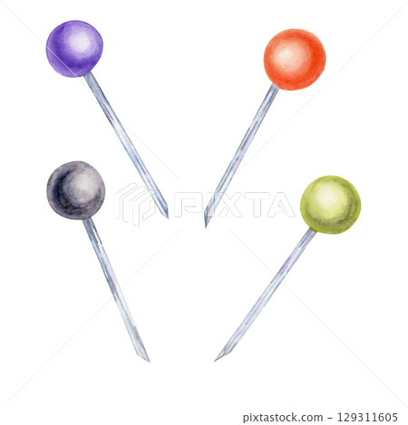Set of orange, green, purple, and black pins in watercolor illustration. Great for voodoo graphics, Halloween craft scenes, costume designs, and digital planner elements Set of orange, green, purple, and black pins in watercolor illustration. Great for voodoo graphics, Halloween craft scenes, costume designs, and digital planner elements 129311605