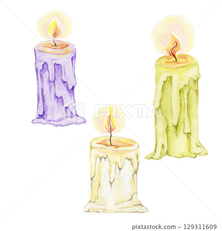 Set of green, beige, and purple candles in watercolor illustration. Suitable for magical scene creators, witchy sticker sets, Halloween invitations, and printable DIY kits 129311609