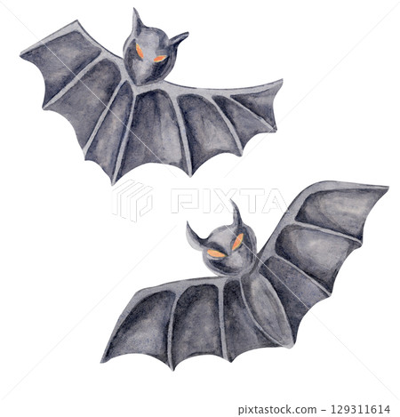 Two flying black bats in watercolor clipart style. Ideal for Halloween card designs, haunted house flyers, digital scrapbooking, costume party printables, and themed decor items 129311614