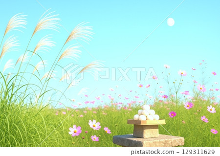 Moon viewing, full moon scenery with dumplings on the fifteenth night of the month. Material depicting autumn scenes. 129311629