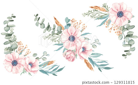 Watercolor Bouquets Set from Anemone and Eucalyptus with dry yellow Tansy and Spikelets of Wheat or Rye. Hand drawn floral compositions on a white background. For greeting birthday cards, wedding Watercolor Bouquets Set from Anemone and Eucalyptus with dry yellow Tansy and Spikelets of Wheat or Rye. Hand drawn floral compositions on a white background. For greeting birthday cards, wedding 129311815