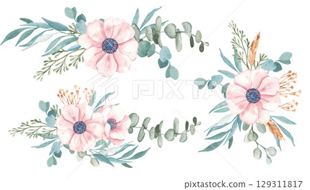 Set of Anemone and Eucalyptus Watercolor Bouquets with dry yellow Tansy and Spikelets of Wheat or Rye. Hand drawn floral compositions on a white background. For greeting birthday cards, wedding Set of Anemone and Eucalyptus Watercolor Bouquets with dry yellow Tansy and Spikelets of Wheat or Rye. Hand drawn floral compositions on a white background. For greeting birthday cards, wedding 129311817