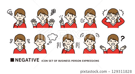 圖標素材集的一位身穿紅色毛衣、擺出負面姿勢的年輕女子_Vector_Color 129311828