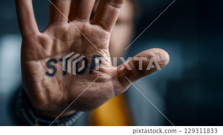 一位年輕女子在手掌上寫著「停止」的反暴力概念 129311833