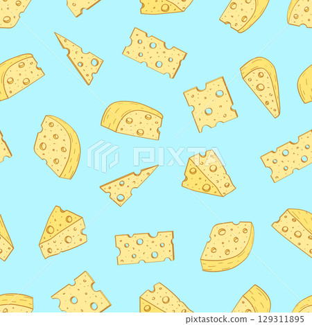 Cheese with holes vector background. Seamless pattern of yellow cheese pieces. The concept of dairy products. Cheese with holes vector background. Seamless pattern of yellow cheese pieces. The concept of dairy products. 129311895