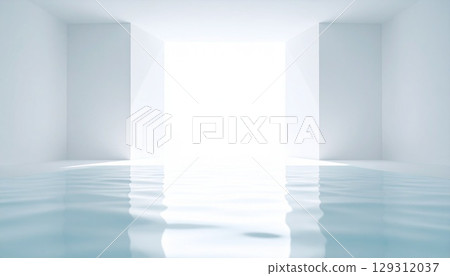 房間內，水面營造出一種水潤透明的感覺。白色空間中，柔和的反射和陰影交織在一起，光線灑落其中，形成抽象的背景。 129312037