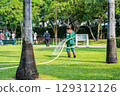 Gardener Watering Public Park Lawn 129312126
