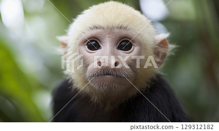 Portrait of a white-faced capuchin monkey in natural habitat of Costa Rica with detailed fur and expressive eyes Portrait of a white-faced capuchin monkey in natural habitat of Costa Rica with detailed fur and expressive eyes 129312182
