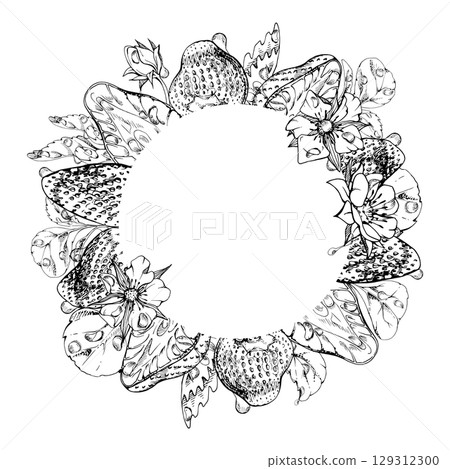 Strawberry berries full and cut in half wreath of flowers leaves, water splash, dew drops. Ripe garden pineberry strasberry. Isolated hand drawn vector ink circle frame. Food grocery menu, preserves 129312300