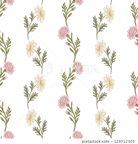 Vertical stripe of carnation and daisy flower seamless pattern. Hand drawn floral pastel design with coquette vintage feel. Great for textile and wallpaper. Perfect for bed linen and kids decor. 129312305