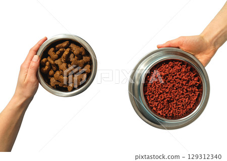 Two bowls of distinct pet food held by hands, isolated on white, PNG 129312340