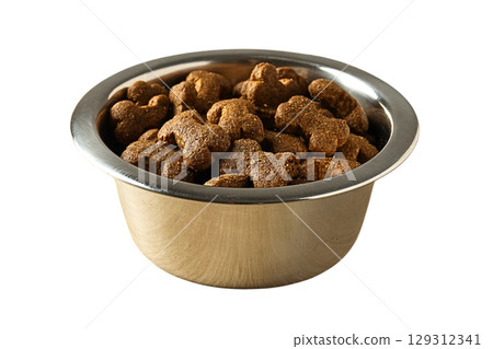 Bowl contains shaped dry pet food for animals, isolated on white, PNG Bowl contains shaped dry pet food for animals, isolated on white, PNG 129312341