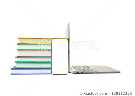 Colorful books by a sleek laptop, isolated on white, PNG 129312350