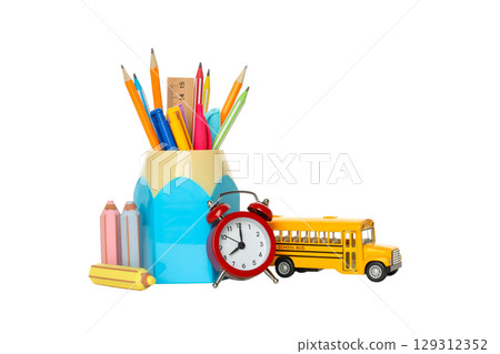 Pencils, erasers, toy clock, and bus, isolated on white, PNG Pencils, erasers, toy clock, and bus, isolated on white, PNG 129312352