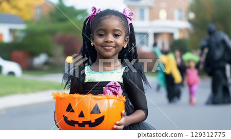 Portrait of a joyful little girl in Halloween costume holding a pumpkin celebrating the holiday with a bright smile 129312775